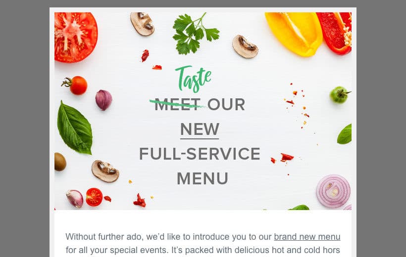 Email design example promoting a new menu