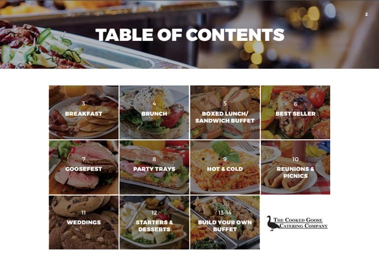 Cooked Goose Catering menu table of contents design